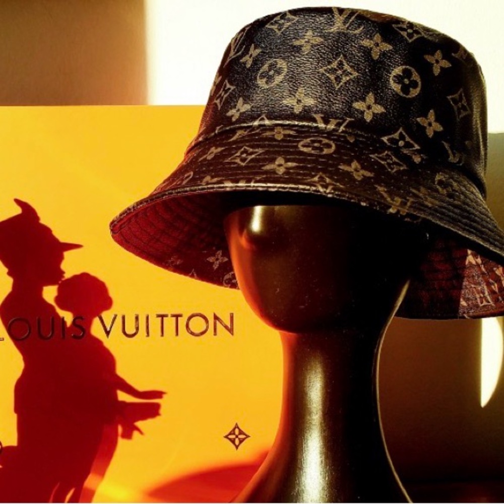 Leather Monogram Black Gray Bucket Hat Calf Skin jacquard Unisex - Picture 6 of 11